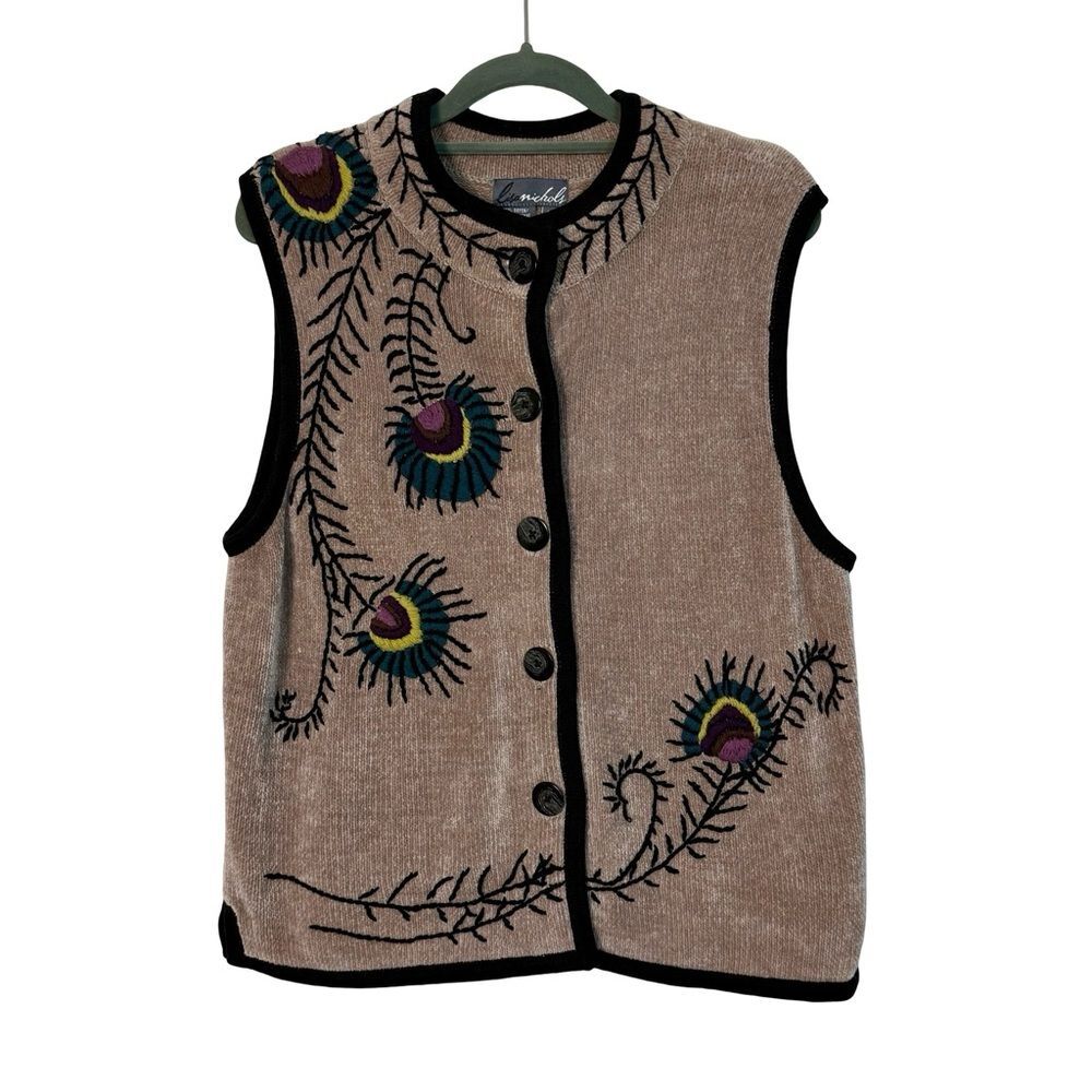 Lisa Nichols Boho Embroidered Vest Peacock Floral Art Teacher Style L
